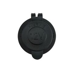 Tomada Femea 12V em Plástico ABS Preta c/ Tampa de Borracha - Redonda - s/ Moldura