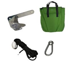 Kit Âncora em Aço Inox Bruce Alfa 2,0kg + Mosquetão Inox + Cabo 8mm 10m + Boia Isopor + Bolsa P Verde