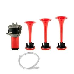 Buzina Corneta Plástica Tripla c/ Compressor a Ar - Vermelha - 12V + Botão + Relê