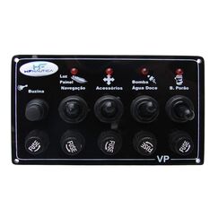 Painel Elétrico Marinizado c/ 5 Botões c/ Fusível e LED Individual - Preto - Horizontal - em Acrílico
