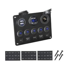 Painel Elétrico Marinizado c/ 5 Botões c/ Fusível - LED + USB + 12v + Voltímetro - Preto