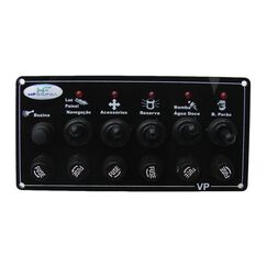 Painel Elétrico Marinizado c/ 6 Botões c/ Fusível e LED Individual - Preto - Horizontal - em Acrílico