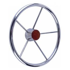 Volante Náutico em INOX c/ Acabamento Central em Madeira - 343mm