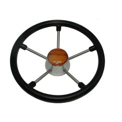 Volante Náutico em Poliuretano Preto c/ Centro em Madeira e Raios em Inox - 350mm