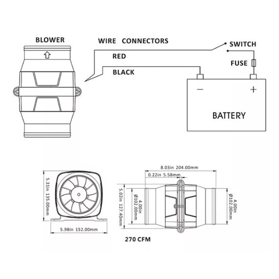 Blower de Ventilação / Exaustor de Porão a Prova D´Água - 4 pol. In-Line - Seaflo - Linear 270Cfm 12v 456M3/H 6.0A