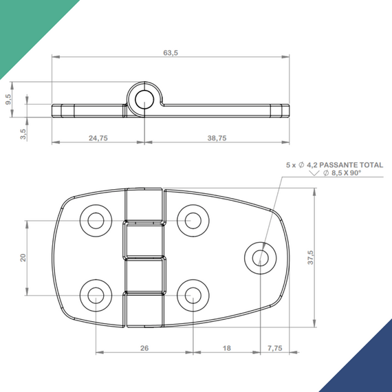 Dobradiça p/ Tampas e Portas Assimétrica Reta em Aço Inox Fundido - 5F - 63x38mm