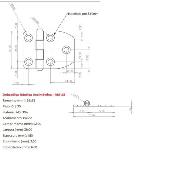 Dobradiça p/ Tampas e Portas Assimétrica em Aço Inox Estampado - 38x52mm - 3 x 2