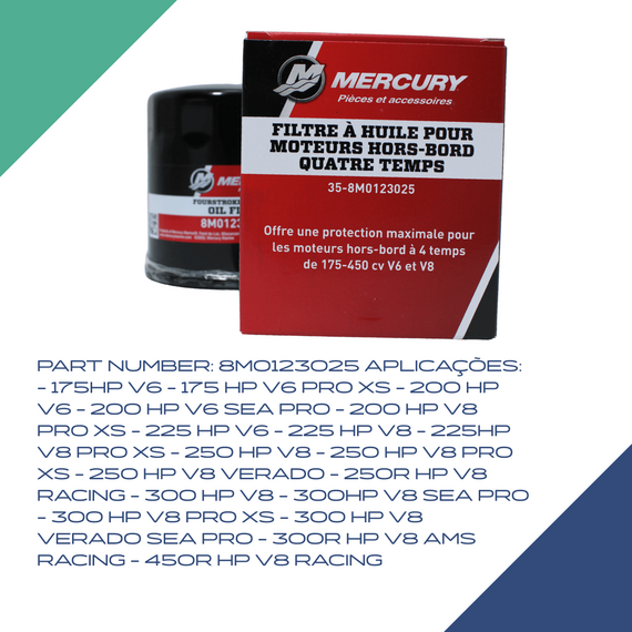 Filtro de Óleo para Motor de Popa MERCURY - 175 a 300HP - V6 e V8 - 4 tempos - 8M0123025