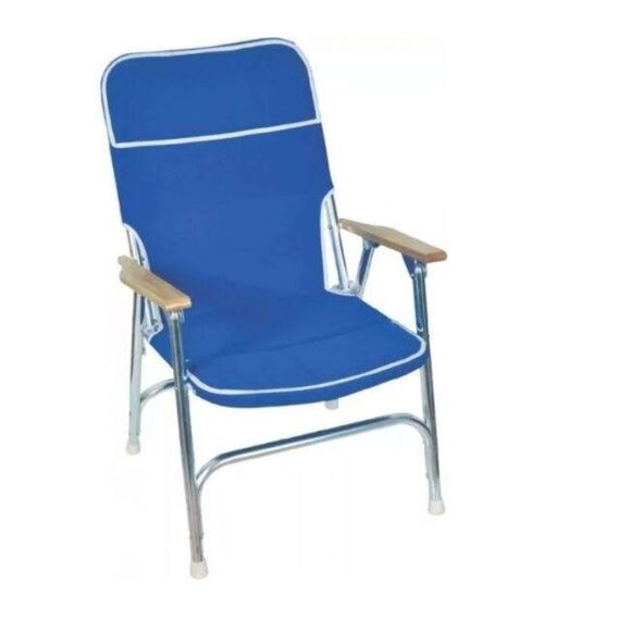 Cadeira Náutica Acolchoada Dobrável c/ Pés em Alumínio, Braços Em Madeira - Azul Marinho