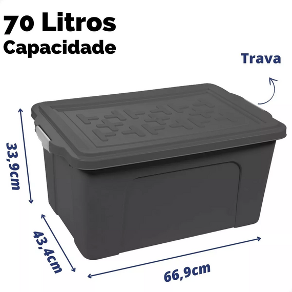 Container / Caixa Organizadora Plástica Universal c/ Tampa - 70 litros - Preta
