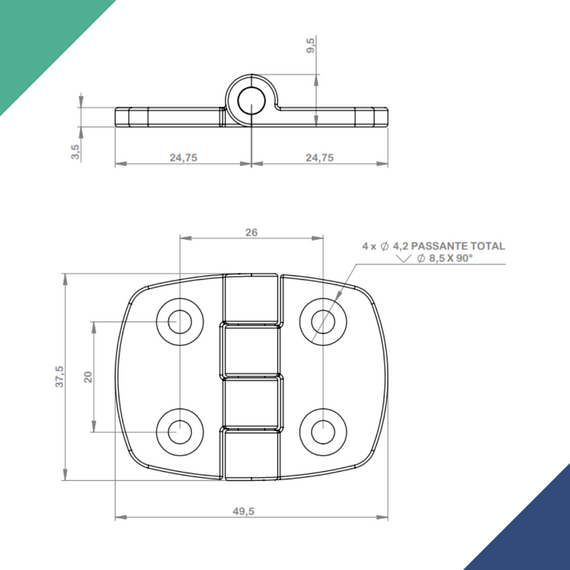 Dobradiça p/ Tampas e Portas Simétrica em Aço Inox Fundido - 4 Furos - 50x37mm