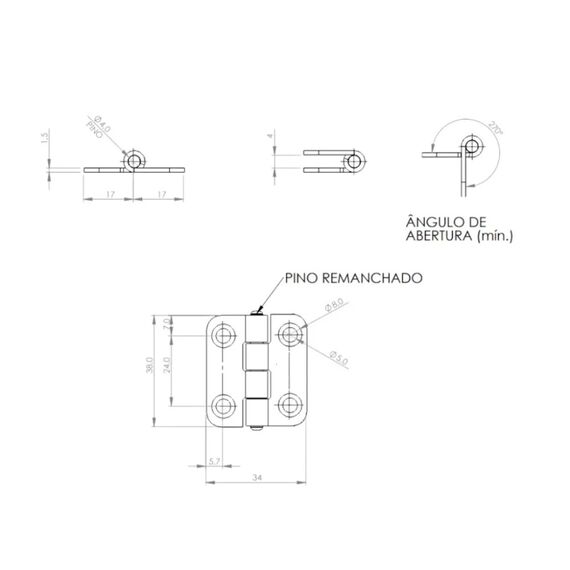Dobradiça p/ Tampas e Portas Quadrada em Aço Inox Estampado - 38x34mm - 2 x 2 - 10 un.