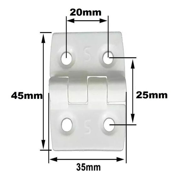 Dobradiça p/ Tampas e Portas Simétrica em ABS Branca - 4 Furos - 45x35mm