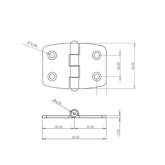 Dobradiça p/ Tampas e Portas Simétrica em Aço Inox Estampado - 43x60mm - 2 x 2 - 6 un.