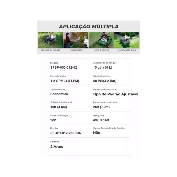 Pulverizador Elétrico ATV 50 Litros c/ Bomba Pressurizadora 1.2 GPM 12v 60psi