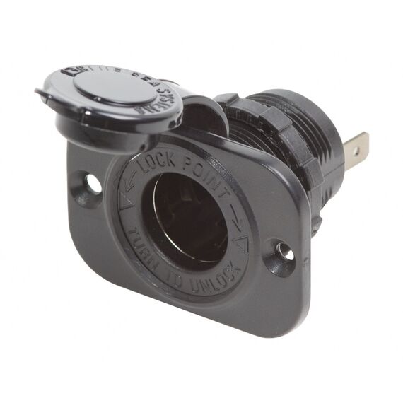 Tomada Femea 12V em Plástico ABS Preta c/ Tampa de Borracha - Redonda