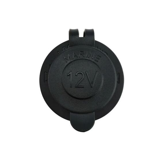 Tomada Femea 12V em Plástico ABS Preta c/ Tampa de Borracha - Redonda - s/ Moldura
