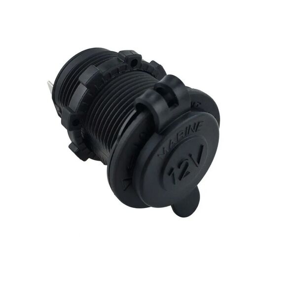 Tomada Femea 12V em Plástico ABS Preta c/ Tampa de Borracha - Redonda - s/ Moldura