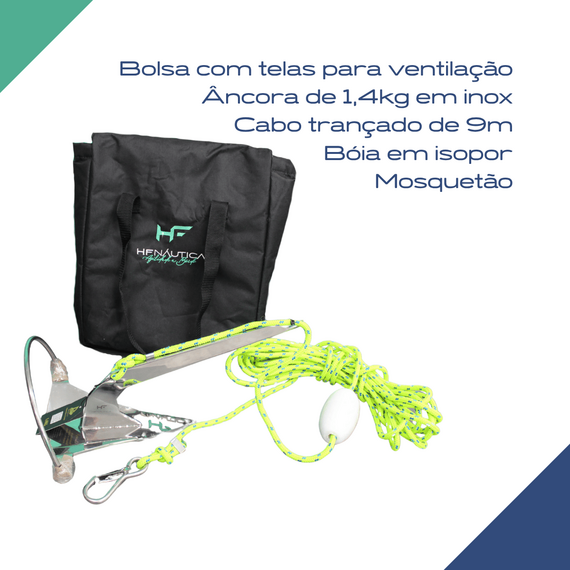 Kit Âncora Alfa INOX 316 C/ Solda - Modelo: Rocna - Tam: 1,4kg + Cabo Trançado + Boia Isopor + Bolsa