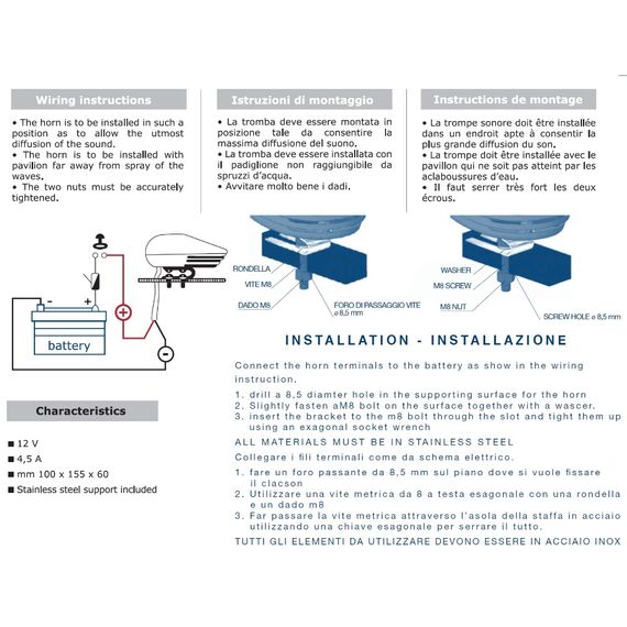 Buzina Caracol em Inox Elétrica de Embutir Plástica C/ Tampa Branca
