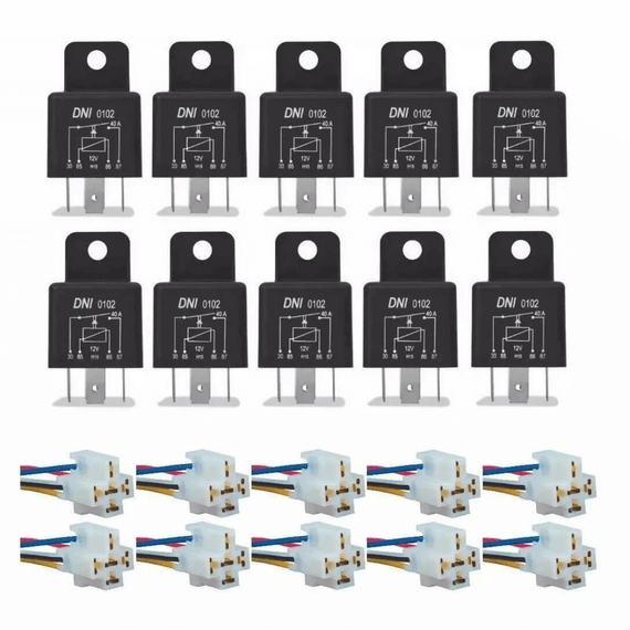 Relê Auxiliar Dni 0102 4 Pinos Universal 12v 40a + Soquete - 10 un.