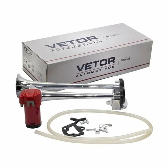 Buzina Corneta Metal Dupla c/ Compressor a Ar - Cromada - 12V