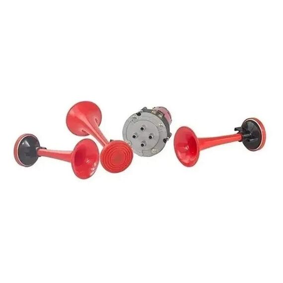 Buzina Corneta Plástica Tripla c/ Compressor a Ar - Vermelha - 12V + Botão + Relê