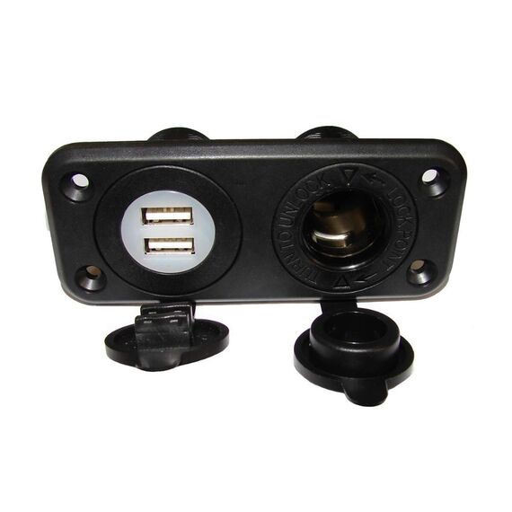 Painel Duplo c/ Tomada de Embutir USB 5V 3.1A + Tomada 12V c/ Tampa Protetora