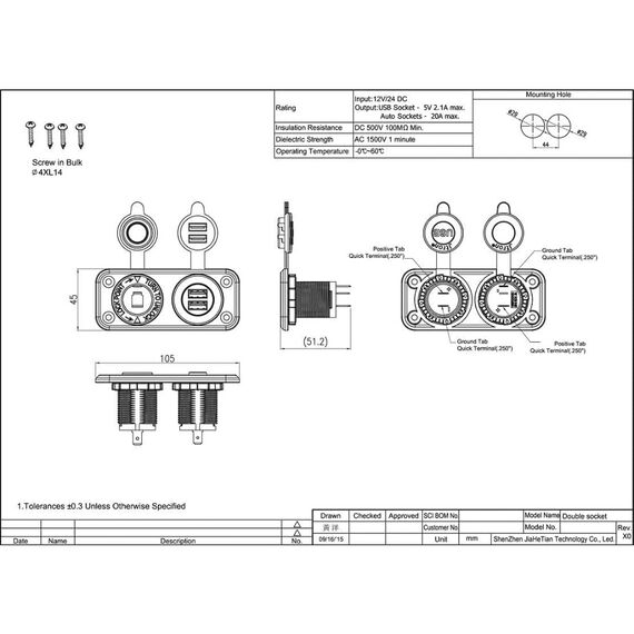 Painel Duplo c/ Tomada de Embutir USB 5V 3.1A + Tomada 12V c/ Tampa Protetora