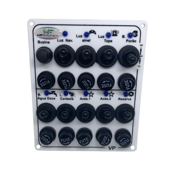 Painel Elétrico Marinizado c/ 10 Botões c/ Fusível e LED Individual - Branco - Vertical - em Acrílico