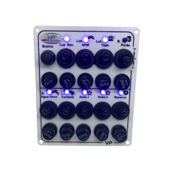Painel Elétrico Marinizado c/ 10 Botões c/ Fusível e LED Individual - Branco - Vertical - em Acrílico