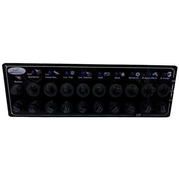Painel Elétrico Marinizado c/ 10 Botões c/ Fusível e LED Individual - Preto - Horizontal - em Acrílico