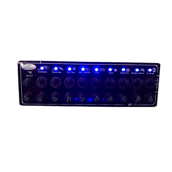 Painel Elétrico Marinizado c/ 10 Botões c/ Fusível e LED Individual - Preto - Horizontal - em Acrílico