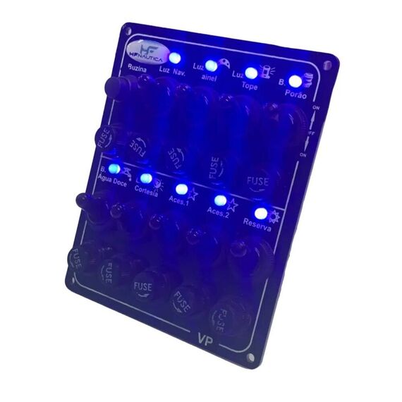 Painel Elétrico Marinizado c/ 10 Botões c/ Fusível e LED Individual - Preto - Vertical - em Acrílico