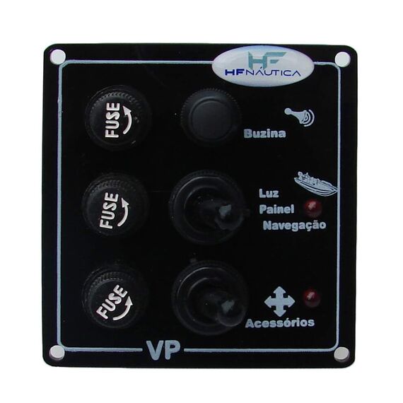Painel Elétrico Marinizado c/ 3 Botões c/ Fusível e LED Individual - Preto - Vertical - em Acrílico