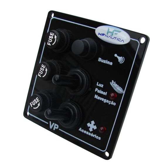 Painel Elétrico Marinizado c/ 3 Botões c/ Fusível e LED Individual - Preto - Vertical - em Acrílico