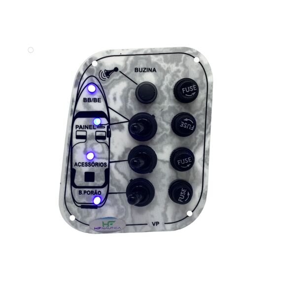 Painel Elétrico Marinizado c/ 4 Botões c/ Fusível e LED Azul Individual - Branco - Vertical - em Acrílico