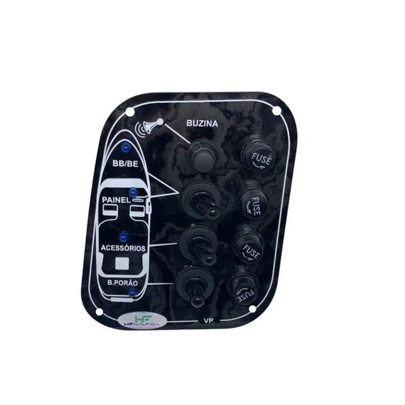 Painel Elétrico Marinizado c/ 4 Botões c/ Fusível e LED Azul Individual - Preto - Vertical - em Acrílico