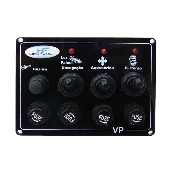 Painel Elétrico Marinizado c/ 4 Botões c/ Fusível e LED Individual - Preto - Horizontal - em Acrílico