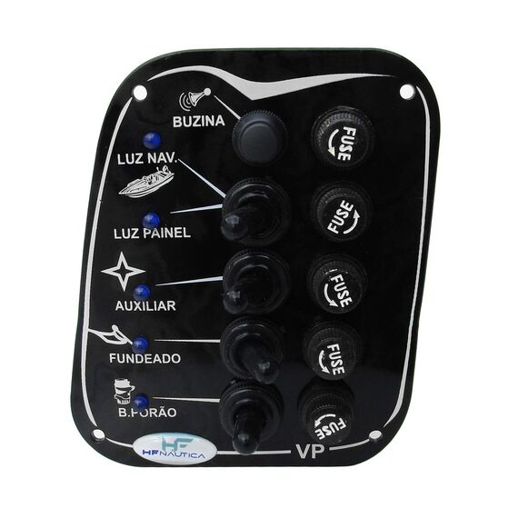 Painel Elétrico Marinizado c/ 5 Botões c/ Fusível e LED Azul Individual - Preto - Vertical - em Acrílico
