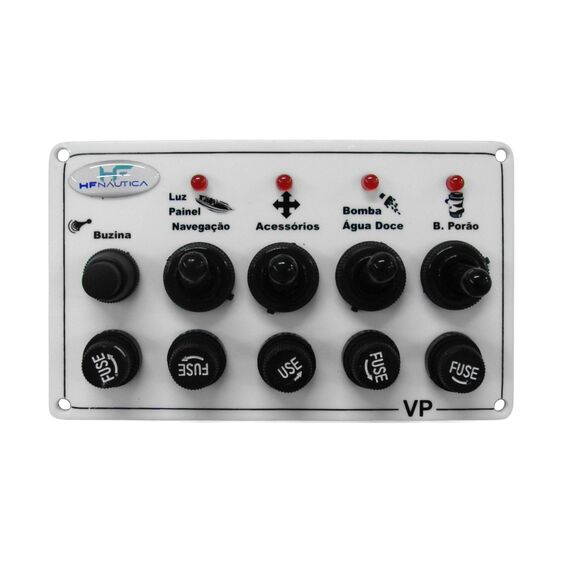 Painel Elétrico Marinizado c/ 5 Botões c/ Fusível e LED Individual - Branco - Horizontal - em Acrílico