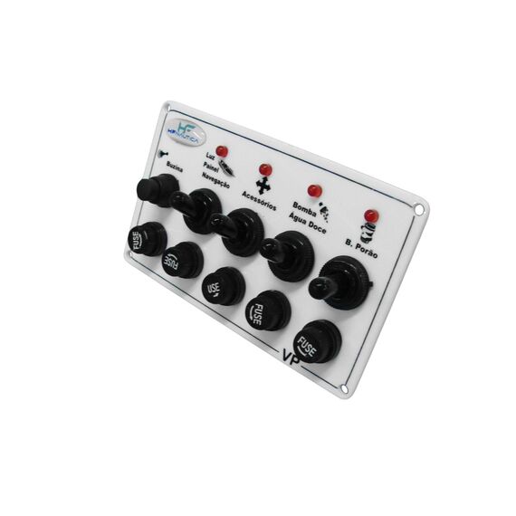 Painel Elétrico Marinizado c/ 5 Botões c/ Fusível e LED Individual - Branco - Horizontal - em Acrílico