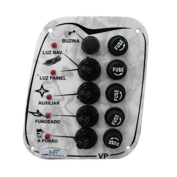 Painel Elétrico Marinizado c/ 5 Botões c/ Fusível e LED Individual - Branco - Vertical - em Acrílico