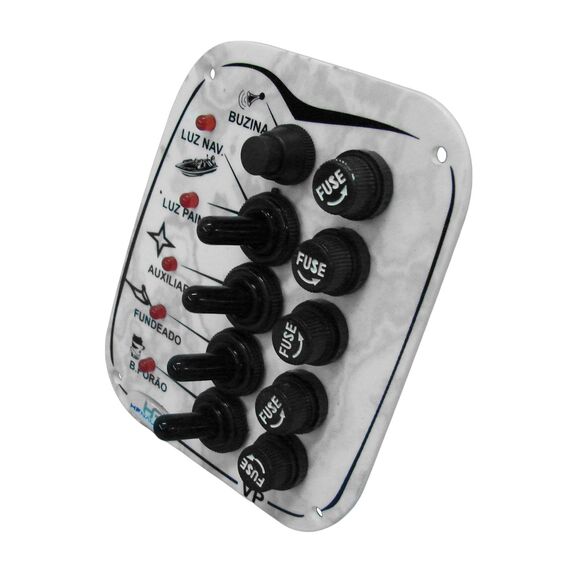 Painel Elétrico Marinizado c/ 5 Botões c/ Fusível e LED Individual - Branco - Vertical - em Acrílico