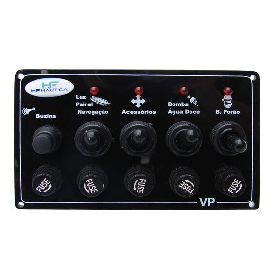 Painel Elétrico Marinizado c/ 5 Botões c/ Fusível e LED Individual - Preto - Horizontal - em Acrílico