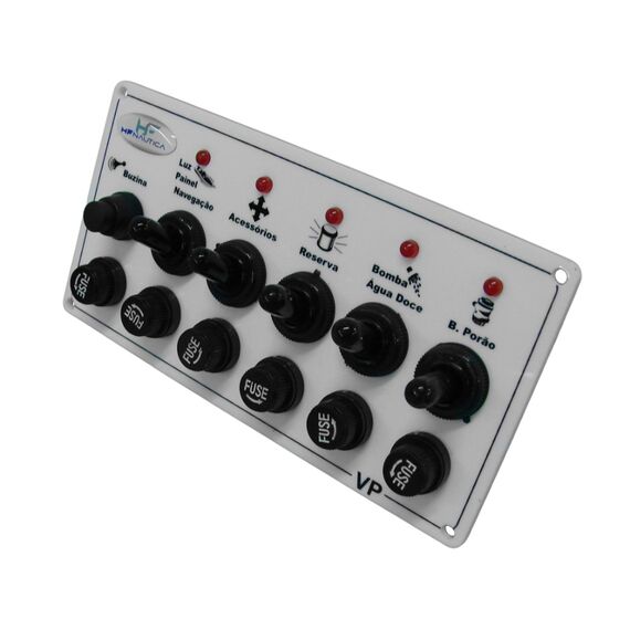 Painel Elétrico Marinizado c/ 6 Botões c/ Fusível e LED Individual - Branco - Horizontal - em Acrílico