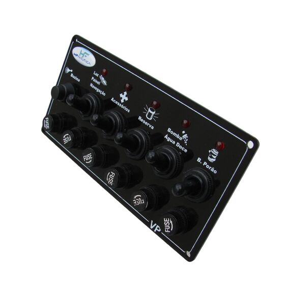 Painel Elétrico Marinizado c/ 6 Botões c/ Fusível e LED Individual - Preto - Horizontal - em Acrílico