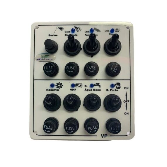 Painel Elétrico Marinizado c/ 8 Botões c/ Fusível e LED Individual - Branco - Vertical - em Acrílico