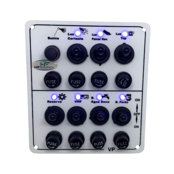 Painel Elétrico Marinizado c/ 8 Botões c/ Fusível e LED Individual - Branco - Vertical - em Acrílico