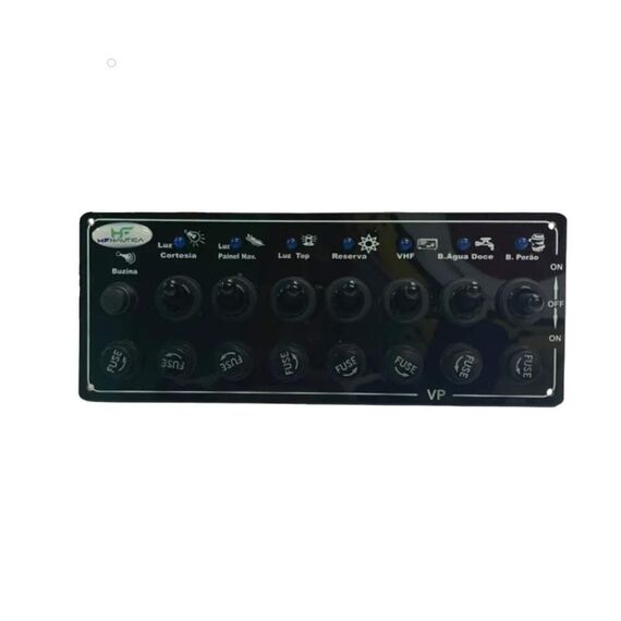 Painel Elétrico Marinizado c/ 8 Botões c/ Fusível e LED Individual - Preto - Horizontal - em Acrílico